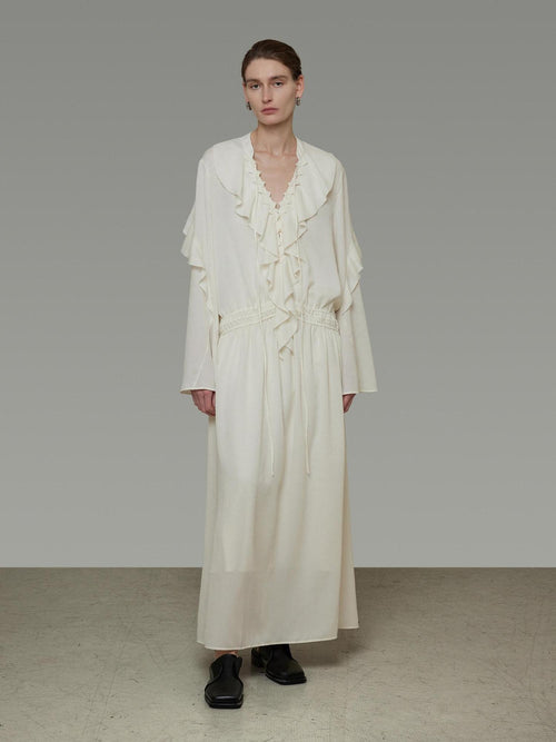 unspoken Breathable Minimal Ruffle Long Sleeve Loose H Fit Women Polyester Maxi Dresses