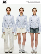 ikyou Shape Retention Slim Fit Pleated Embroidered Plaid Collared Long Sleeve Shirts