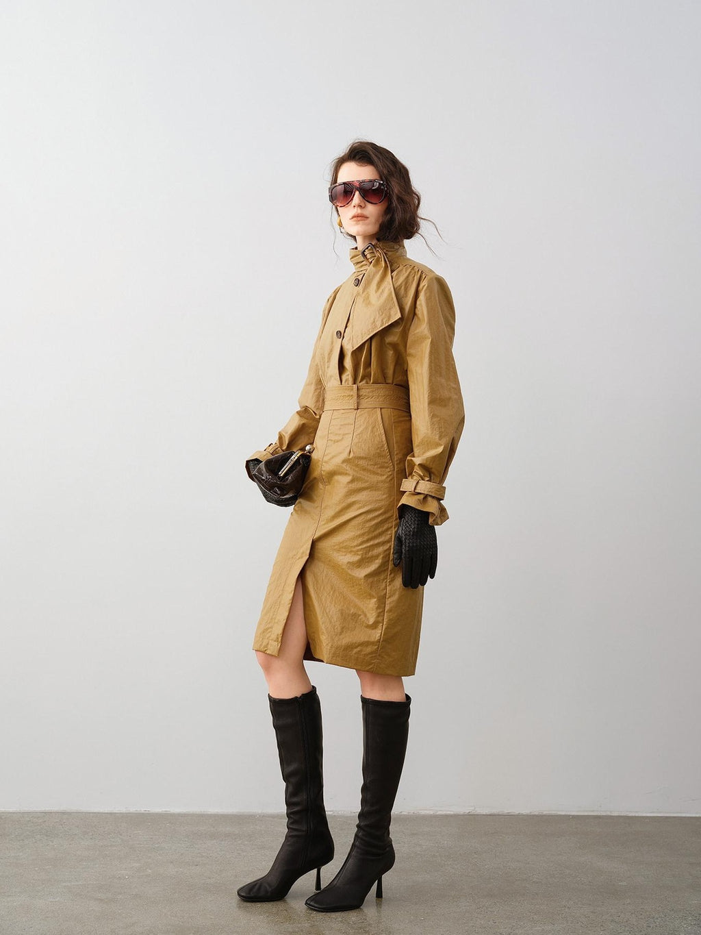 audreyyang Slimming Loose Cuffed Sleeves Button Women Mustard Green Leather Jackets