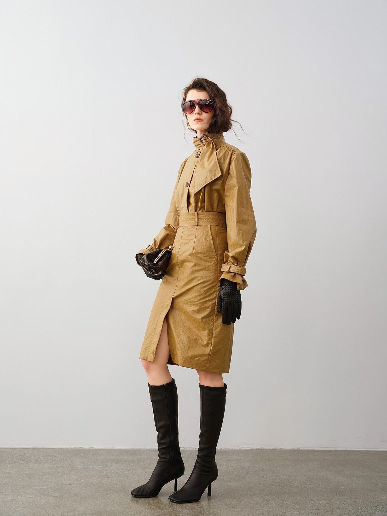 audreyyang Slimming Loose Cuffed Sleeves Button Women Mustard Green Leather Jackets
