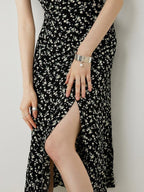 fano Viscose Square Neck Puff Sleeve A Line Casual Black Floral Maxi Dresses