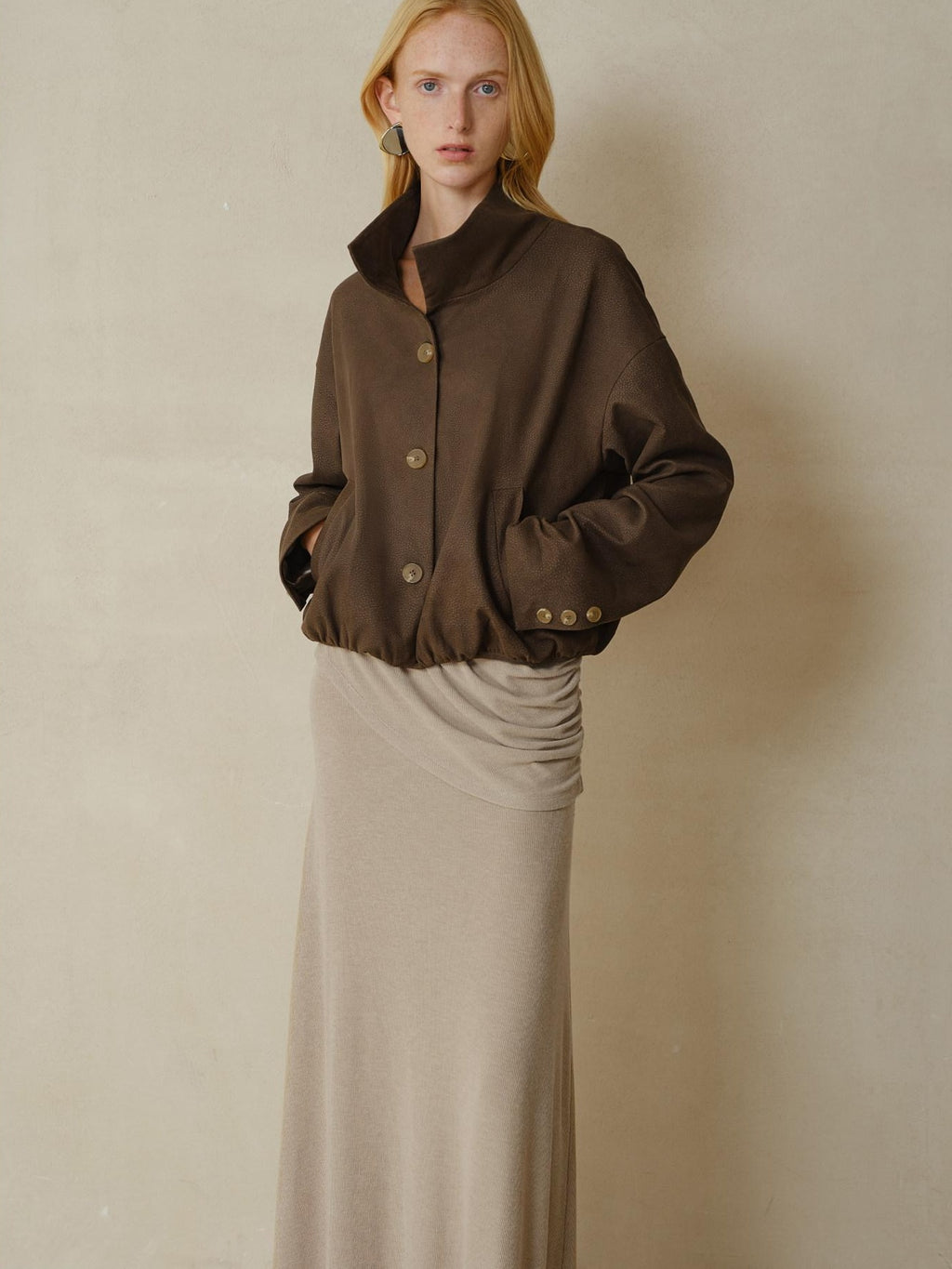 someonesometimes Stretch Polyester Vintage Loose Short Zip Women Coffee Brown Cropped Jackets