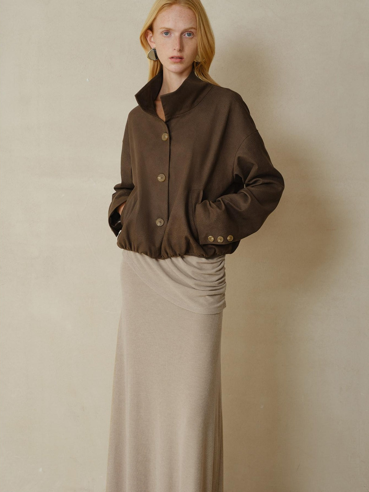 someonesometimes Stretch Polyester Vintage Loose Short Zip Women Coffee Brown Cropped Jackets