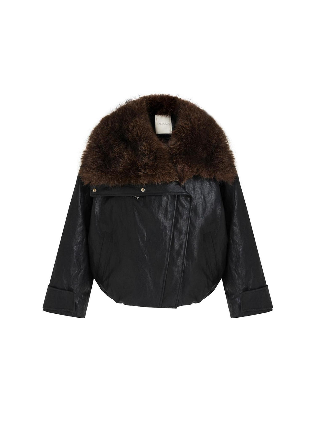 unspoken Thick Warm Patchwork Lapel Zipper Loose Women Commuter Black Leather Jackets