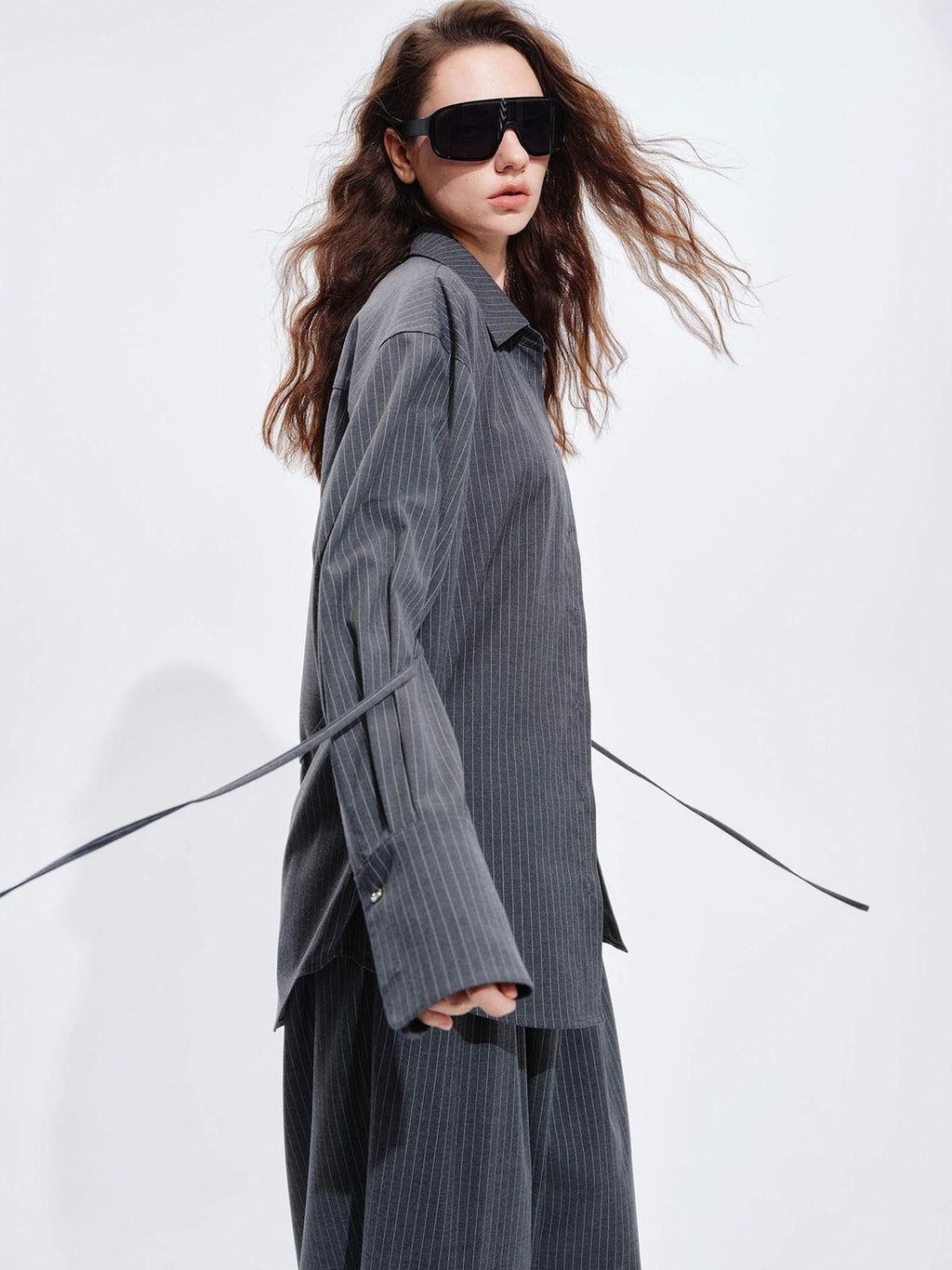 audreyyang Striped Relaxed Lapel Button Long Sleeve Casual Women Polyester Top & Pants Sets