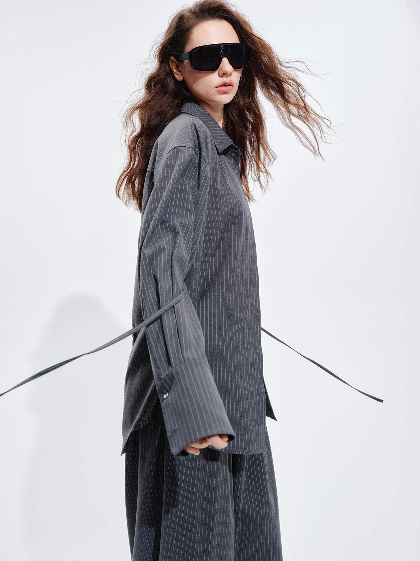 audreyyang Striped Relaxed Lapel Button Long Sleeve Casual Women Polyester Top & Pants Sets
