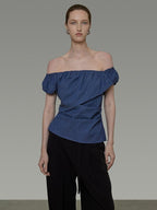 unspoken Wrinkle Resistant Minimalist Slim Asymmetrical Boat Neck Women Blue Blouses