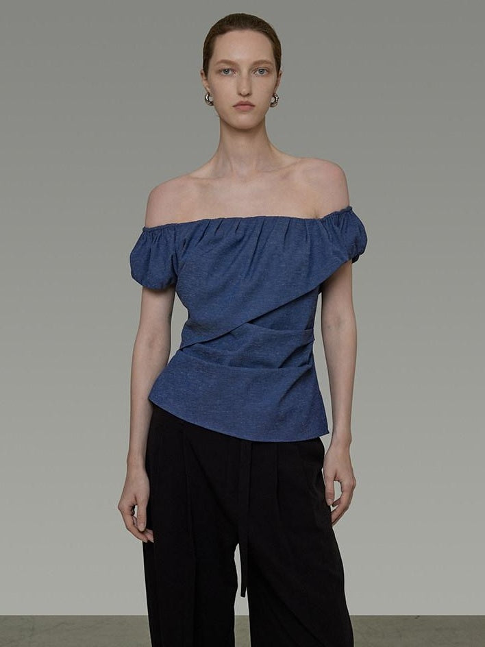 unspoken Wrinkle Resistant Minimalist Slim Asymmetrical Boat Neck Women Blue Blouses
