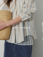 Lofi choose 100 Percent Cotton Loose Colorblock Women Blue Stripe Lapel Long Sleeve Shirts