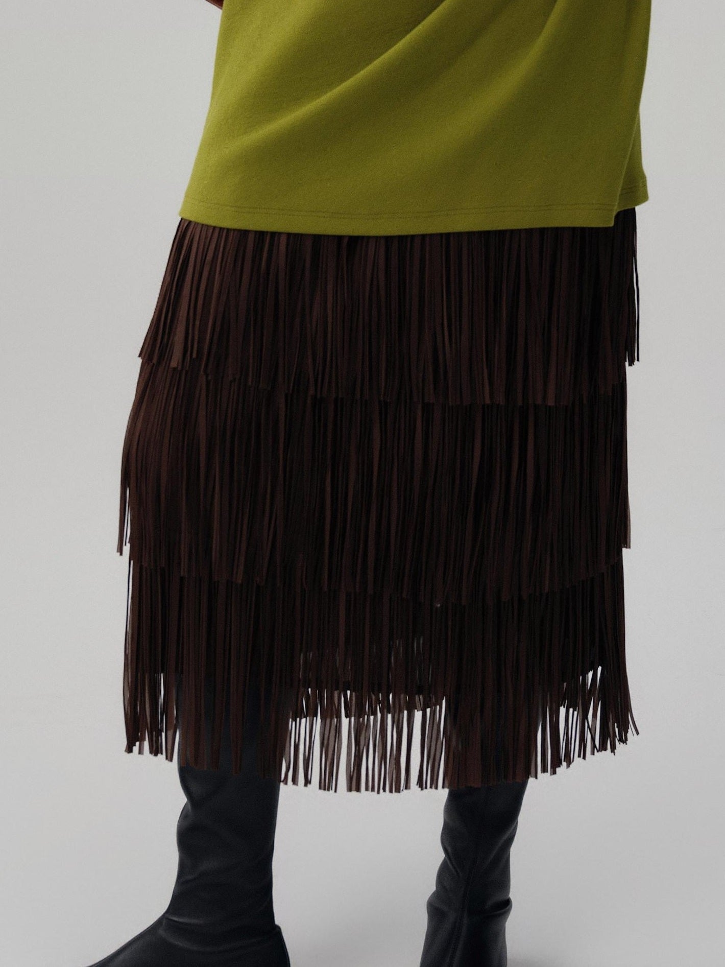 audreyyang Hand Pleated Crinkle Tassel Mid Waist Straight Lined Polyester Midi Skirts