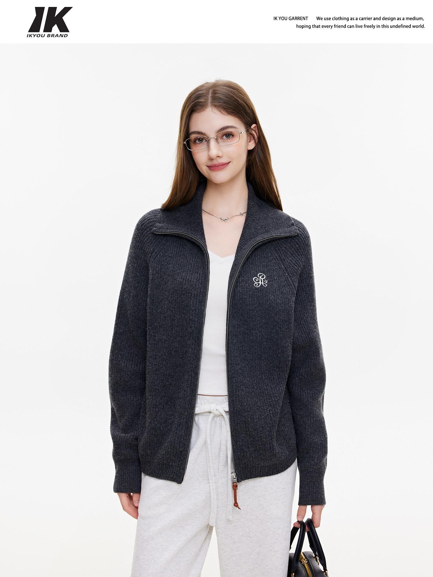 ikyou Warm Wool Blend Stand Collar Zip Loose Commuter Knit Women Deep Gray Cardigans
