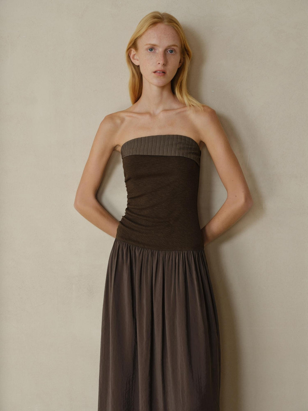 someonesometimes Tencel Modal Splice Slim Off Shoulder Strapless Casual Taupe Maxi Dresses