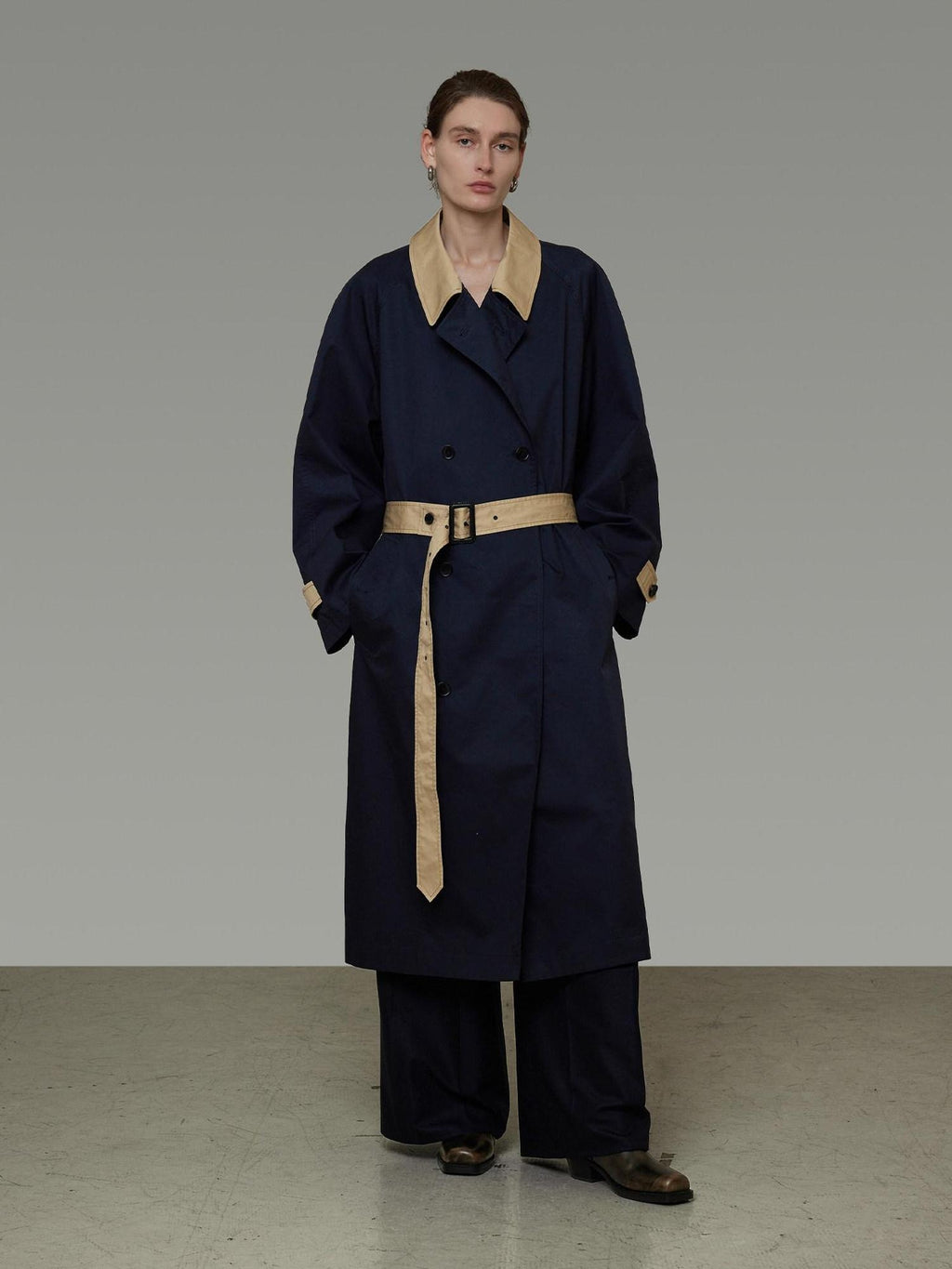 unspoken Minimal Commuter Cotton Loose Fit Single Breasted Long Navy Trench Coats