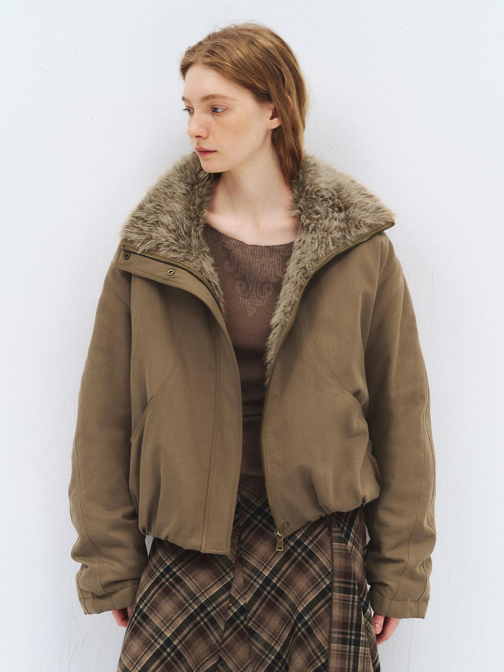 someonesometimes Lyocell Cotton Blend Relaxed Stand Collar Zip Women Beechwood Green Short Coat