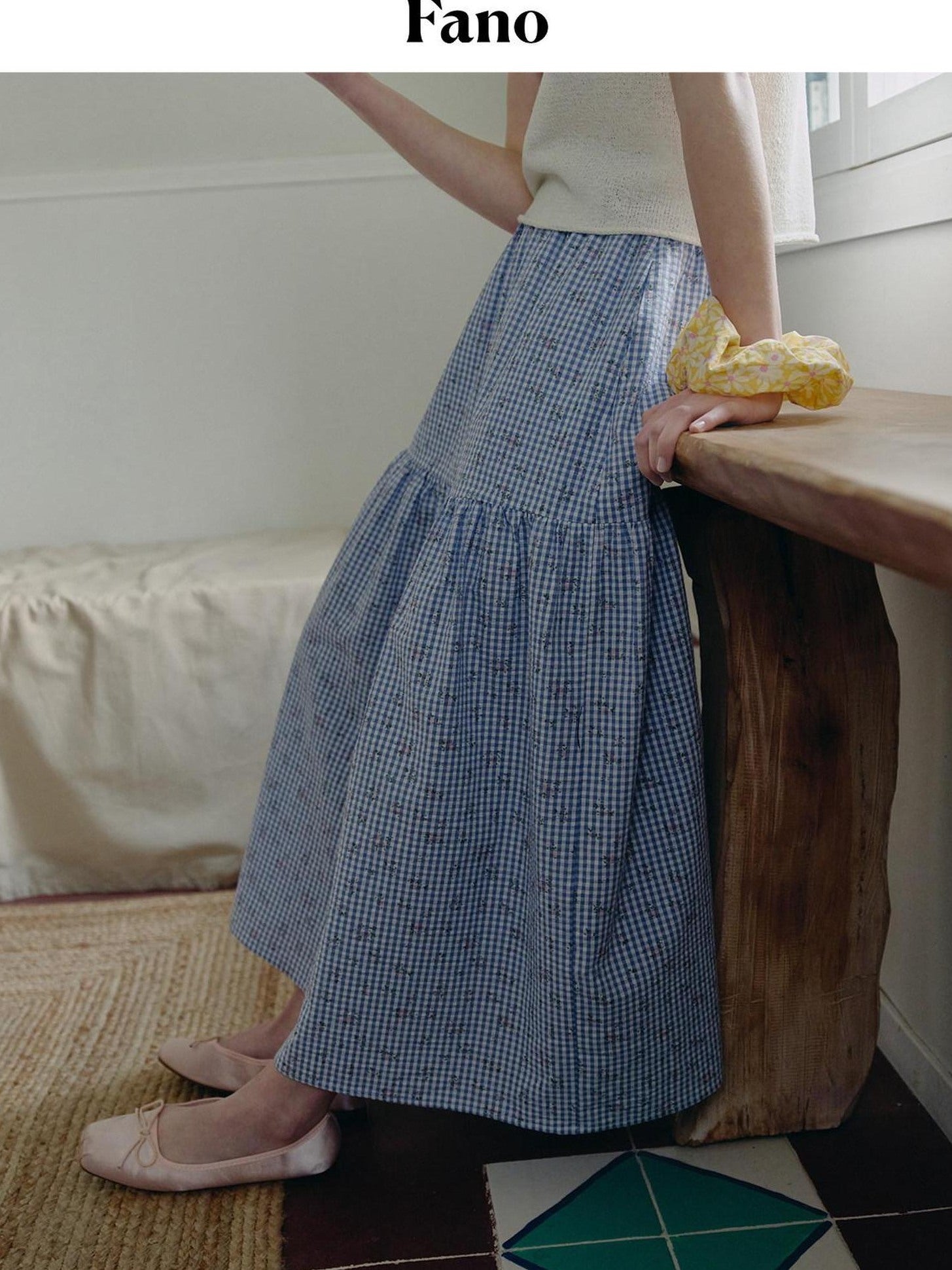 fano Lined 100% Cotton A Line Mid Waist Loose Fit Women Floral Blue Check Maxi Skirts