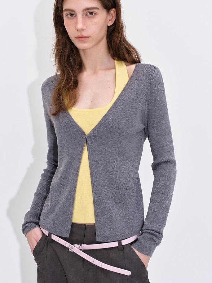 fano Soft Breathable Korean V-neck Slim Faux Layered Colorblock Cardigans