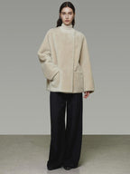 unspoken Warm Cream Collarless Minimalist Relaxed Fit Women Polyester Short Coat