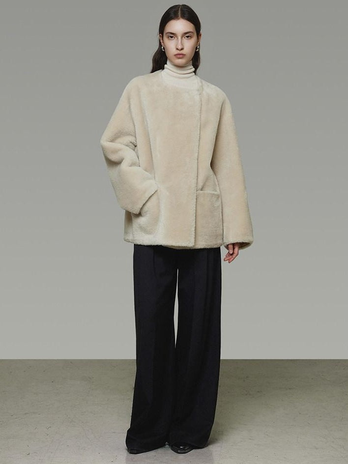 unspoken Warm Cream Collarless Minimalist Relaxed Fit Women Polyester Short Coat