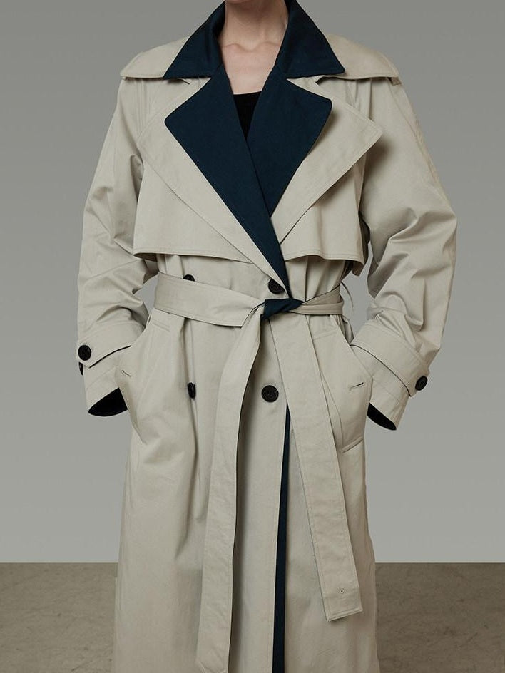 unspoken Minimalist Double Breasted Long Straight Workwear Beige Navy Trench Coats