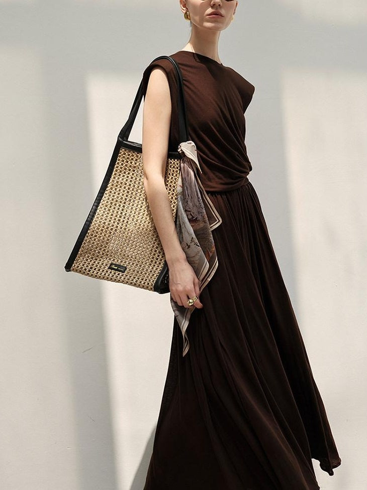 audreyyang Recycled Viscose French Chic Pleated Aline Two Piece Sleeveless Maxi Dresses