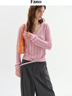 fano Soft Bubblegum Pink Slim Korean V-neck Long Sleeve Women Acrylic Sweaters