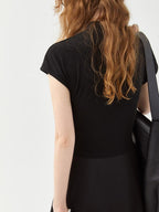 fano High Waist Minimalist Office A Line Short Sleeve Mock Neck Black Midi Dresses
