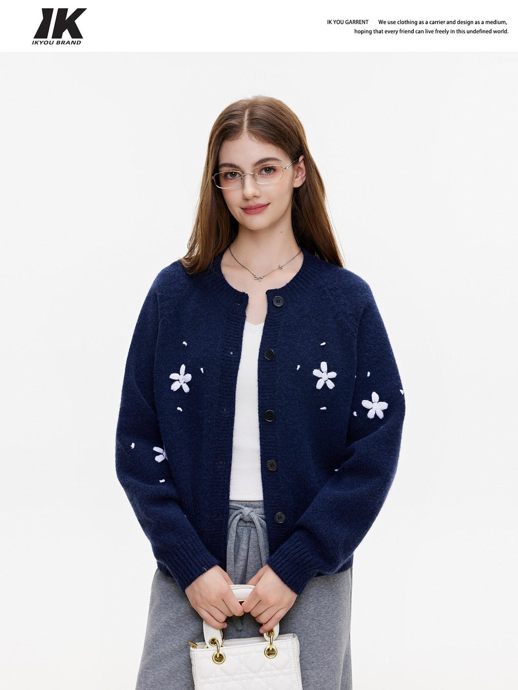 ikyou Cozy Thermal Knit Loose Fit Button Front Sweet Style Navy Women Cardigans