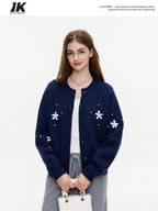 ikyou Cozy Thermal Knit Loose Fit Button Front Sweet Style Navy Women Cardigans