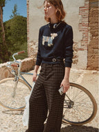 fano Wool Blend Plaid Relaxed Natural Waist Elastic Pocket Women Straight Pants