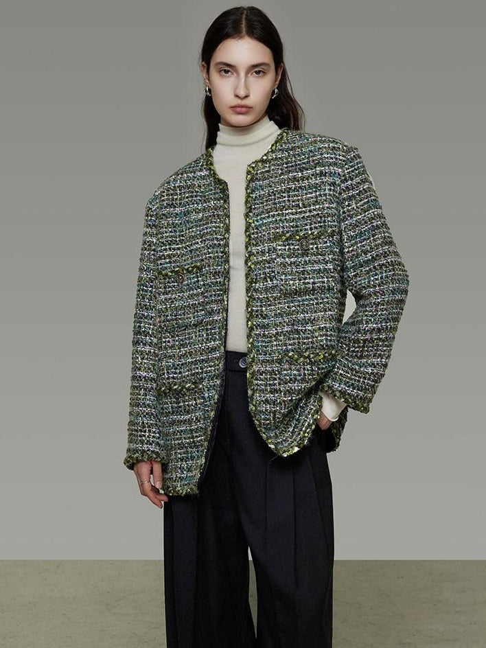 unspoken Lambswool Blend Structured Commuter Round Neck Relaxed Green Wool Coats