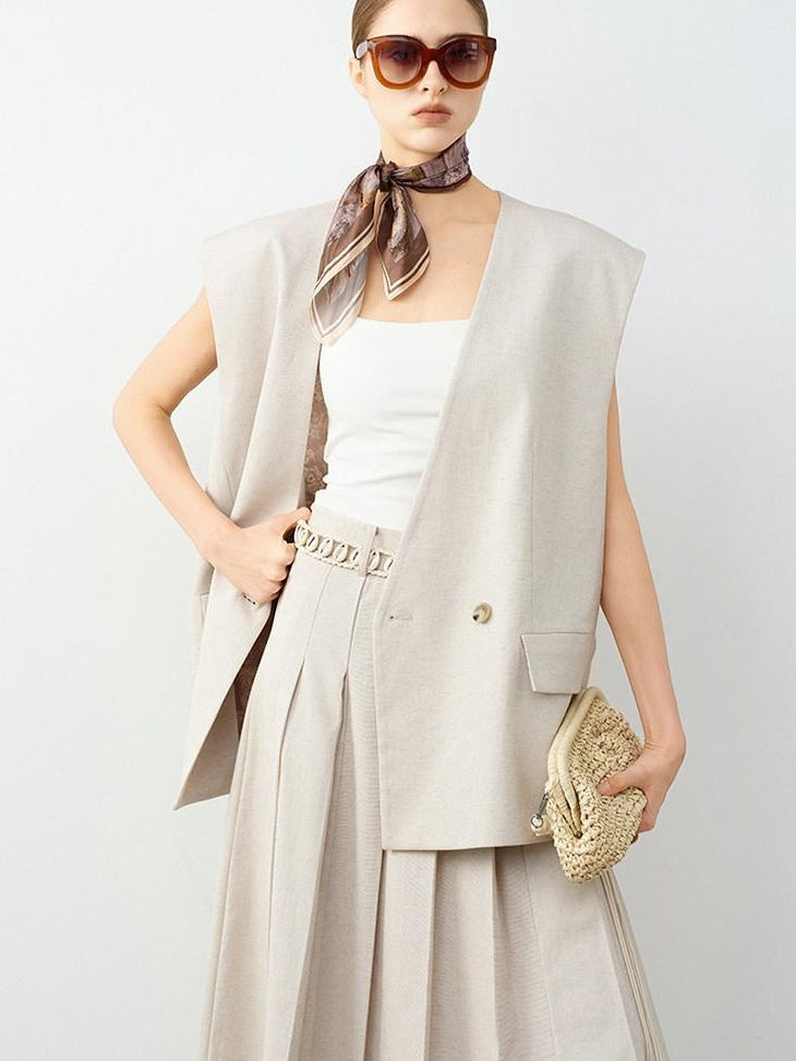 audreyyang Soft Polyester Cotton Blend U Neck Single Button Office Chic Women Vests