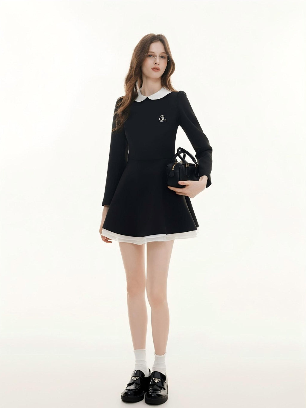 ikyou Elegant Mesh Princess High Waist Doll Collar A Line Black Midi Dresses