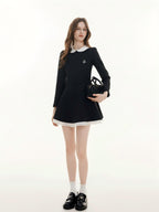 ikyou Elegant Mesh Princess High Waist Doll Collar A Line Black Midi Dresses