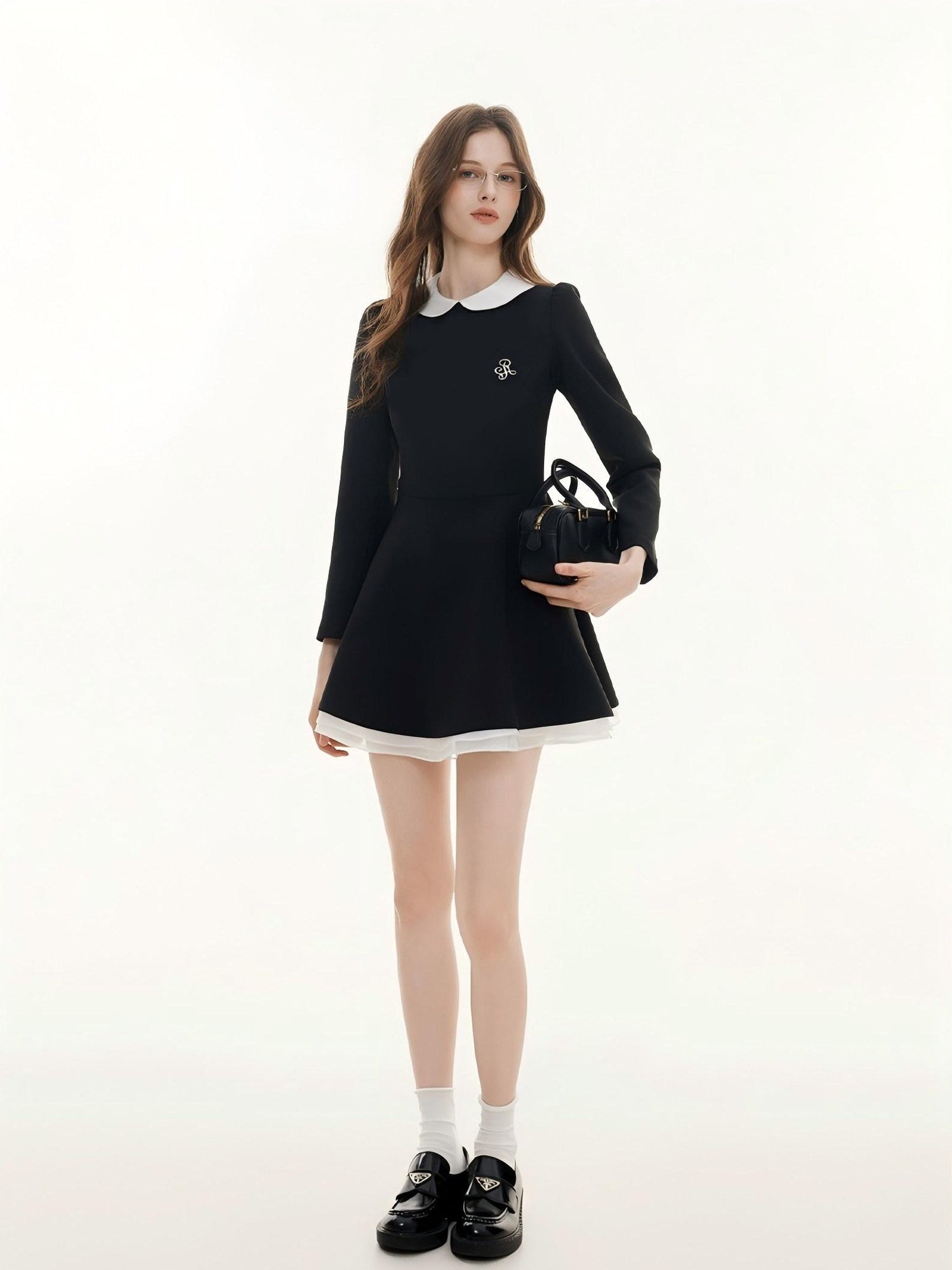 ikyou Elegant Mesh Princess High Waist Doll Collar A Line Black Midi Dresses