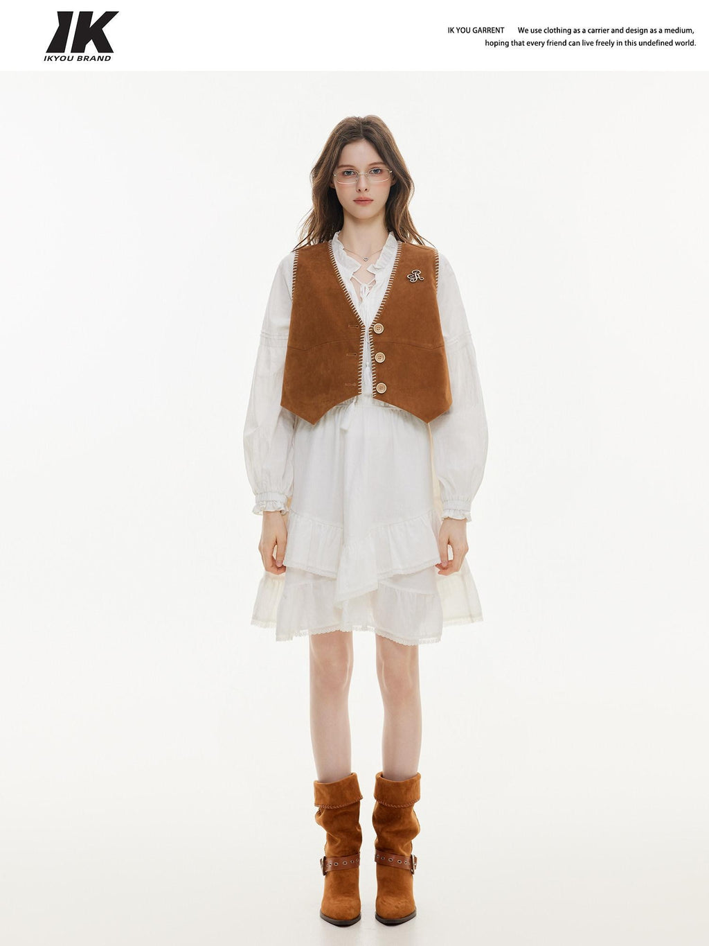 ikyou Versatile Cropped V-neck Distressed 3D Short Button Women Brown Vests