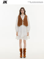 ikyou Versatile Cropped V-neck Distressed 3D Short Button Women Brown Vests