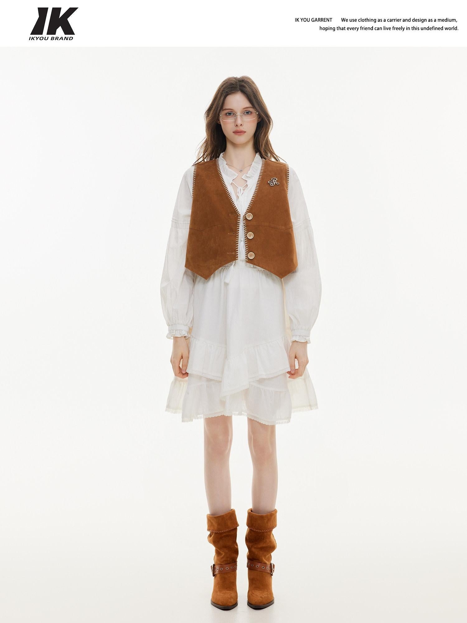 ikyou Versatile Cropped V-neck Distressed 3D Short Button Women Brown Vests