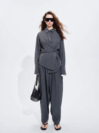 audreyyang Striped Relaxed Lapel Button Long Sleeve Casual Women Polyester Top & Pants Sets
