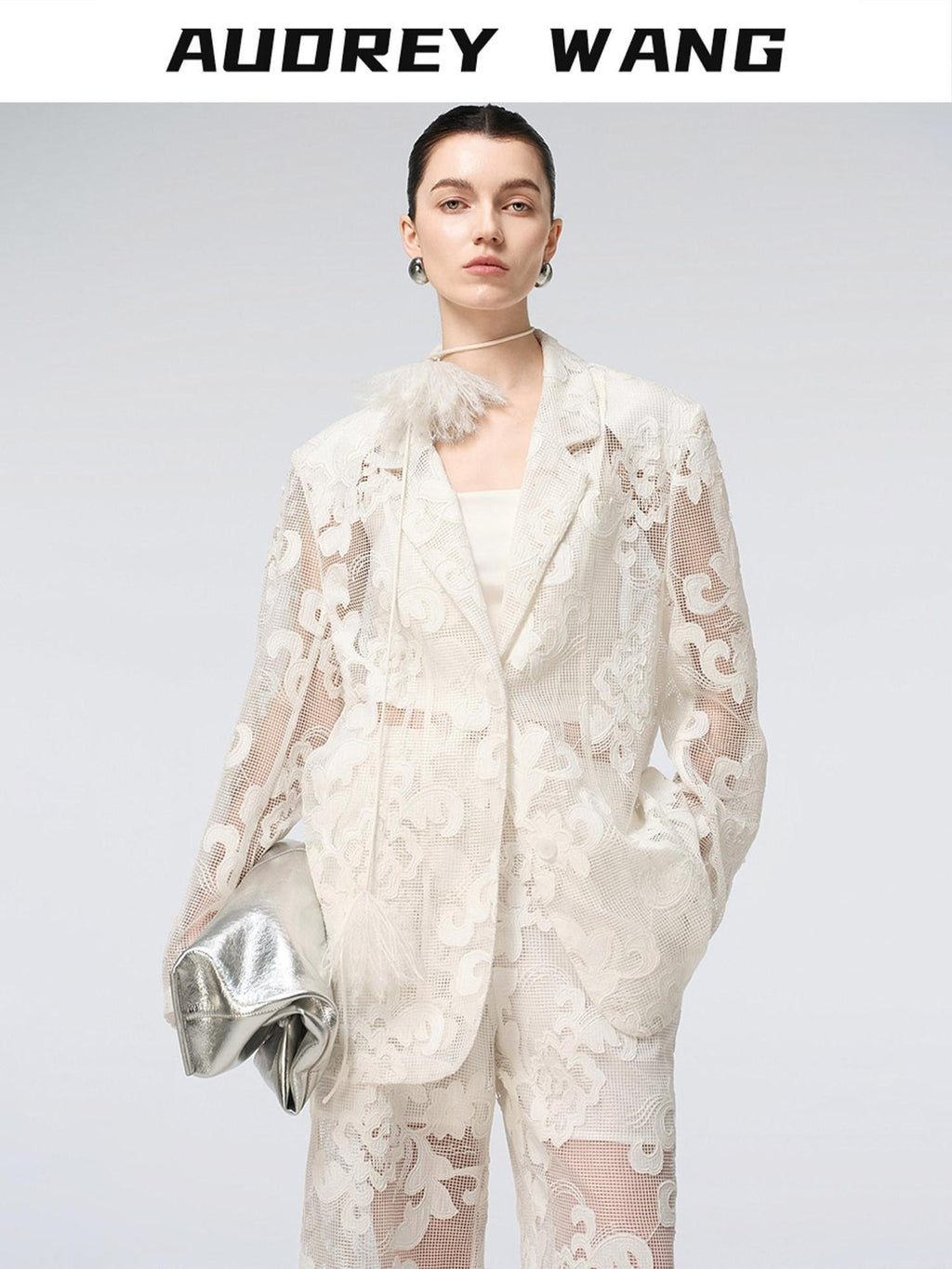 audreyyang Cotton Hollowout Loose Notched Lapel Workwear Women White Suit Top & Pants Sets