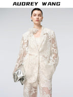 audreyyang Cotton Hollowout Loose Notched Lapel Workwear Women White Suit Top & Pants Sets