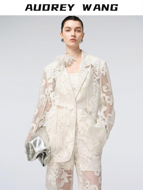 audreyyang Cotton Hollowout Loose Notched Lapel Workwear Women White Suit Top & Pants Sets