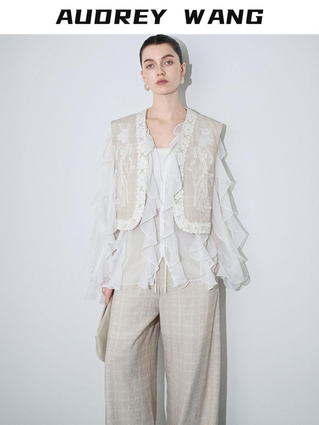 audreyyang Linen Blend V-neck Vest Trousers Solid Minimal Original Design Top & Pants Sets
