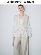 audreyyang Linen Blend V-neck Vest Trousers Solid Minimal Original Design Top & Pants Sets