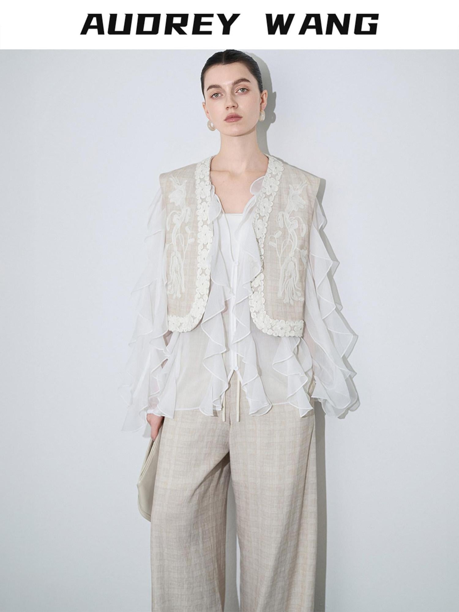 audreyyang Linen Blend V-neck Vest Trousers Solid Minimal Original Design Top & Pants Sets
