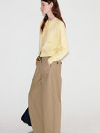 fano Cotton Elastic Waist Pocket Korean Workwear Women Khaki Straight Pants