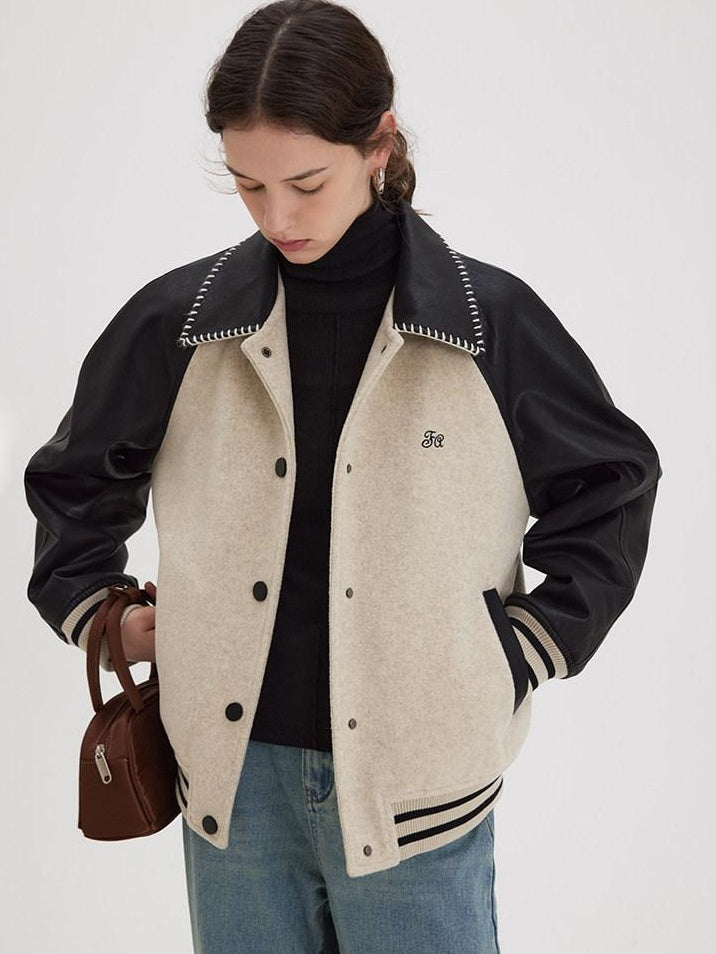 fano Shell Embroidered Commuter Loose Wool Raglan Women Colorblock Bomber Jackets