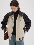 fano Shell Embroidered Commuter Loose Wool Raglan Women Colorblock Bomber Jackets
