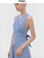 fano Pure Cotton Sleeveless V-neck A Line Office Casual Women Blue Midi Dresses
