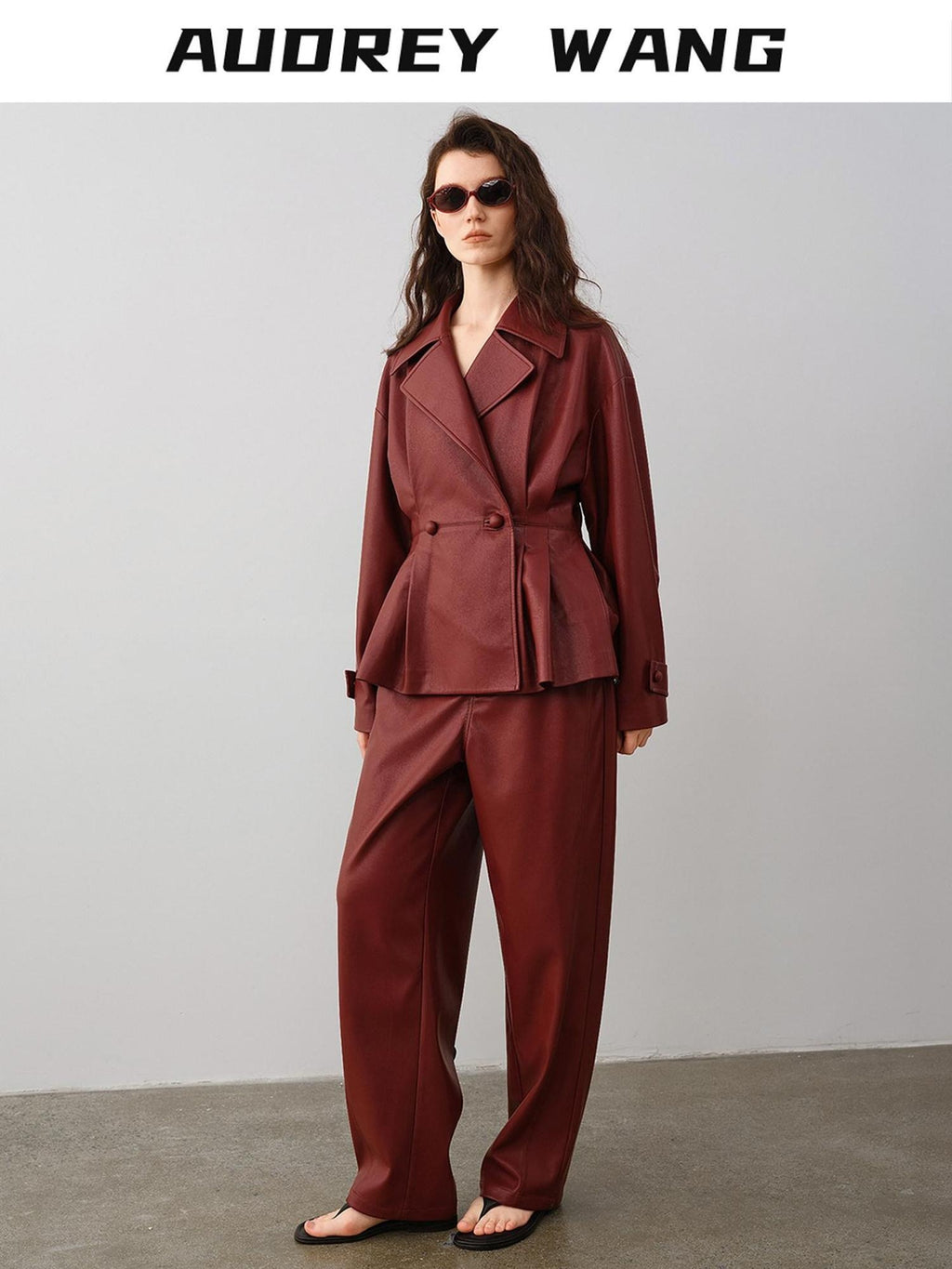 audreyyang 100 Percent Polyester Loose Fit Burgundy Women Wide Leg Pants