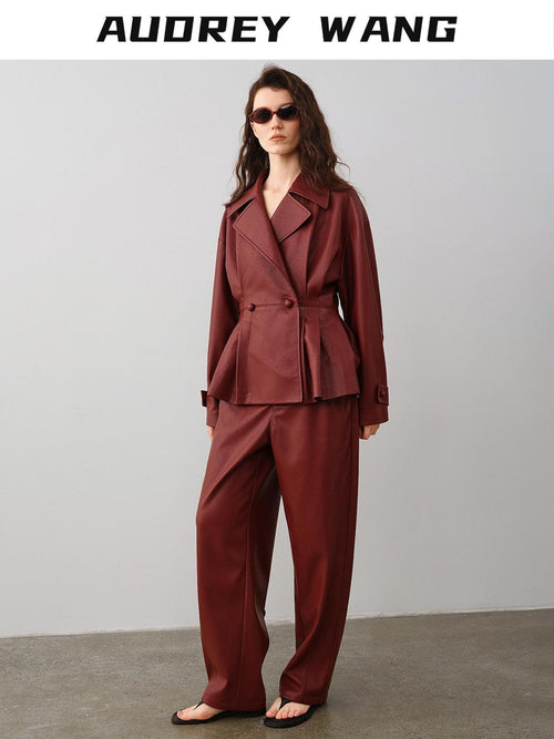 audreyyang 100 Percent Polyester Loose Fit Burgundy Women Wide Leg Pants